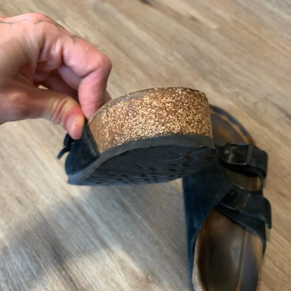Birkenstock Arizona Suede Leather Sandals Black Two Strap Slides Mens 38 EU